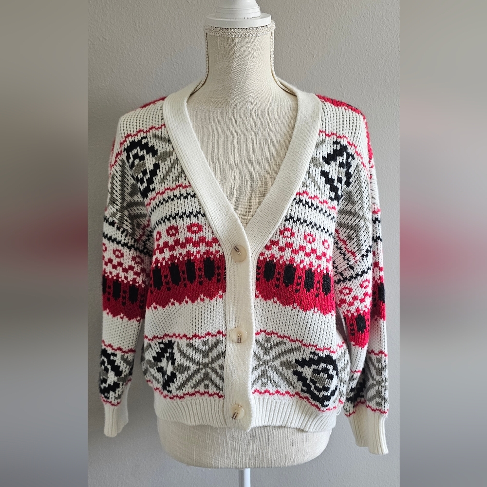 BB Dakota Patterned Knit Cardigan - Cream, Red, Black